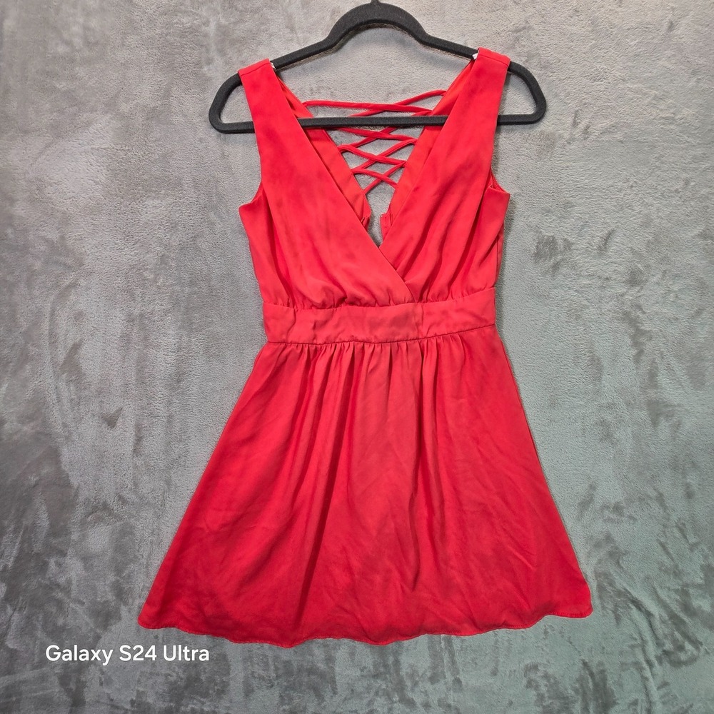 B. Darlin Fit & Flare Mini Dress Womens 3/4 Red Party V Neck Strappy Back Zip
